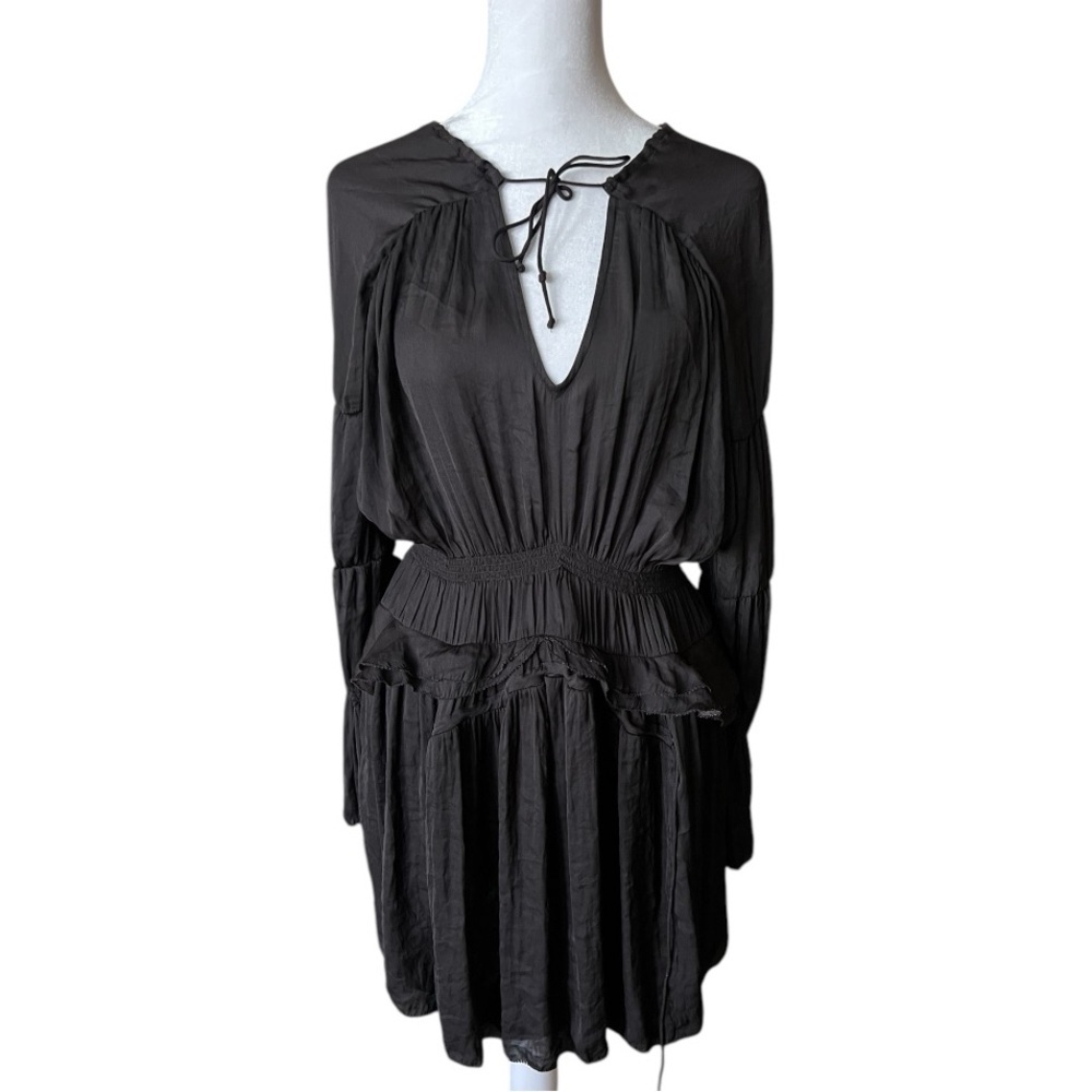 IRO Black Plunge Neck Bishop Sleeve Cocktail Dress